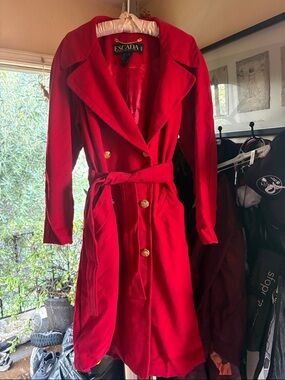 Escada genuine wool cashmere Red Double-Breasted Trench Coat Gold Buttons